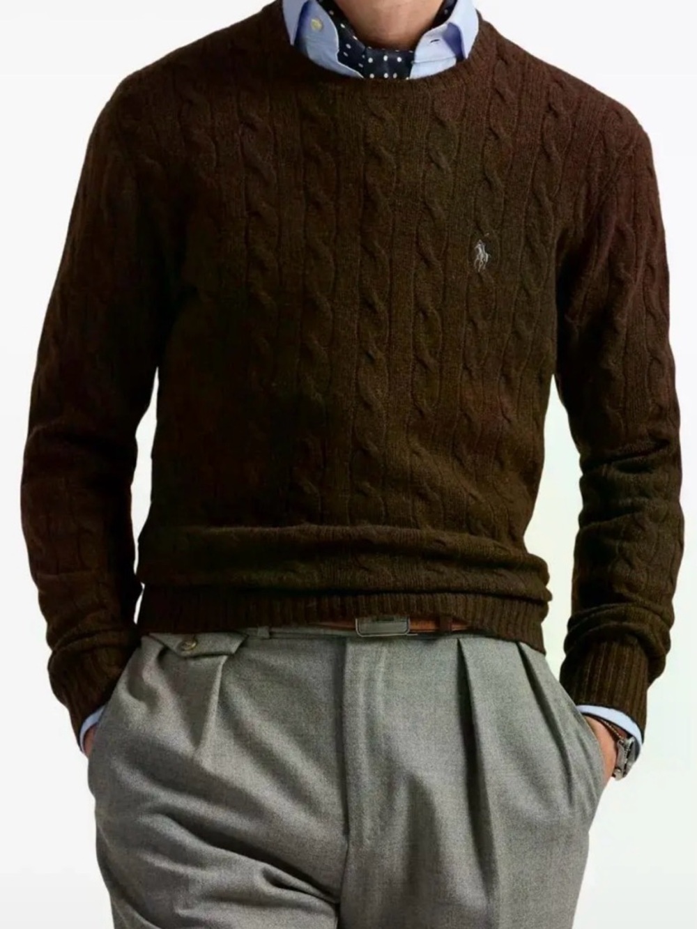Ralph Lauren Dark Brown Cable-Knit Crewneck Sweater